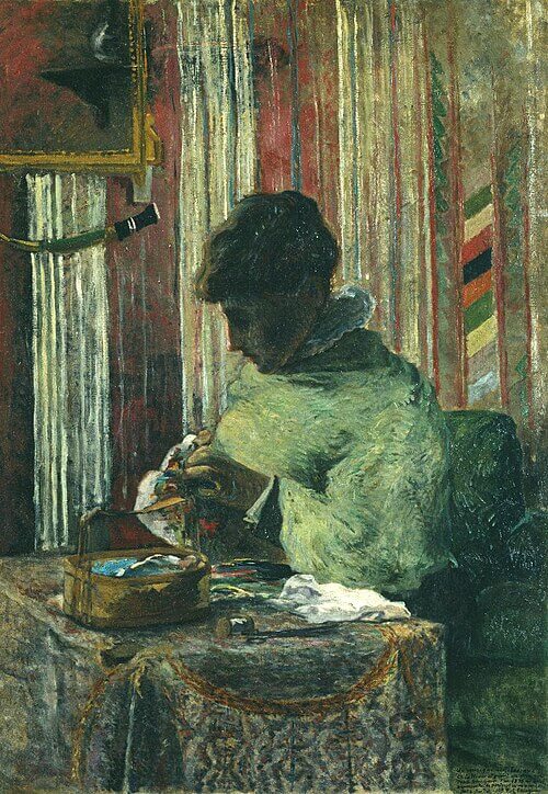 The Embroiderer (Mette Gauguin), Paul Gauguin, 1880, La Brodeuse (Mette Gauguin), Oil on canvas, 116 x 81 cm, Foundation E.G. Bührle Collection Zurich • August 1964 Inv. 170. Acquired from the above by the Foundation E.G. Bührle Collection, and by the heirs of Emil Bührle, August 1964, for CHF 450.000, Annual Report as above, n. (4)., 《メット・ゴーギャン》　1880年　ポール・ゴーギャン　ビュールレ・コレクション蔵