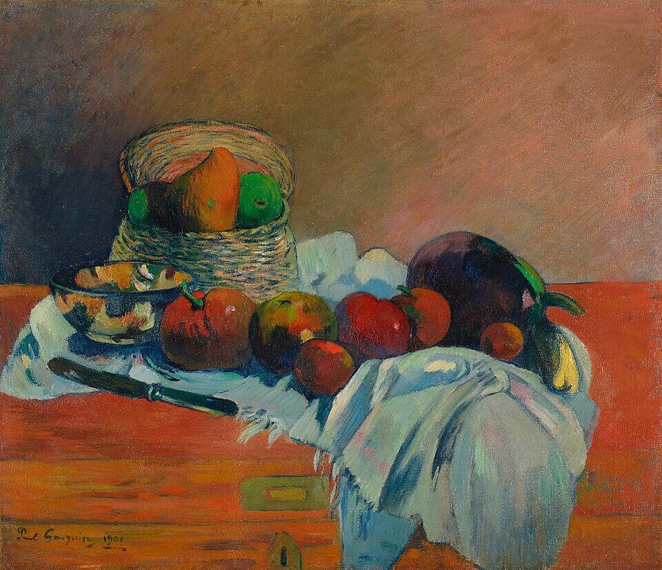 Fruits and Knife, Paul Gauguin, 1901, Nature morte au couteau, Oil on canvas, 66 x 75 cm, Bequest of Dr. Dieter Bührle to Foundation E.G. Bührle Collection Zurich • 2012 Inv. 178., 《果物とナイフ》　1901年　ポール・ゴーギャン　ビュールレ・コレクション蔵