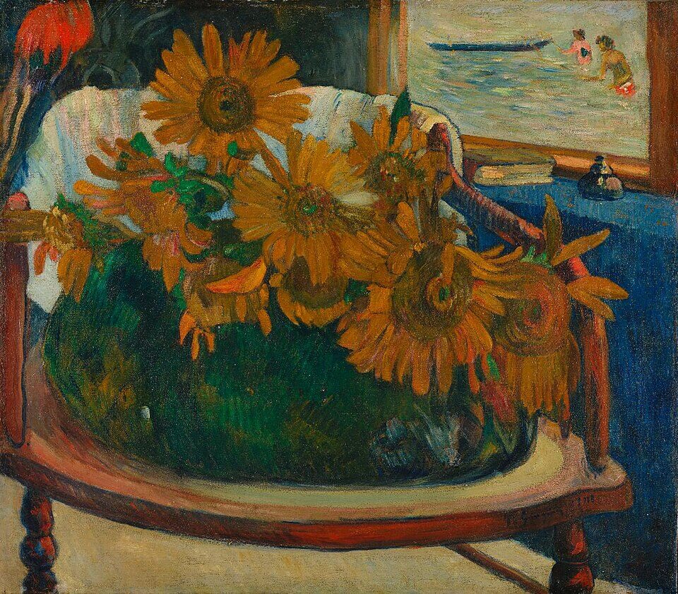 Sunflowers on an Armchair, Paul Gauguin, 1901, Tournesols sur un fauteuil, Oil on canvas, 68 x 75.5 cm, Given by the heirs of Emil Bührle to the Foundation E.G. Bührle Collection Zurich • 1960 Inv. 46., 《肘かけ椅子の上のひまわり》　1901年　ポール・ゴーギャン　ビュールレ・コレクション蔵