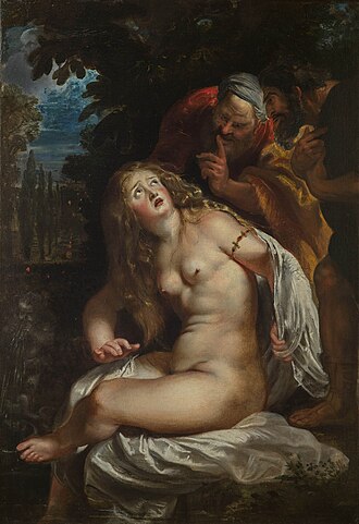 Susanna e i Vecchioni, Rubens Pieter Paul, 1606-1607 circa, cm 94 x 67, Roma, collezione Scipione Borghese, 1622 (?); olio su tela, Inventario 1693, Stanza II, n. 16; Inventario 1700, Stanza II, n. 5; Inventario 1790, Stanza VI, n. 6; Inventario Fidecommissario Borghese 1833, p. 24, n. 3. Acquisto dello Stato, 1902., Museo e Galleria Borghese, 『スザンナと長老たち』　1606 - 1607年頃　ピーテル・パウル・ルーベンス　ボルゲーゼ美術館蔵