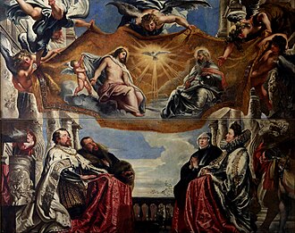 La Trinità adorata dalla famiglia Gonzaga / The Gonzaga Family Worshipping the Holy Trinity, Peter Paul Rubens, 1604–1605, Oil on canvas, 381 cm × 477 cm, Ducal Palace, Mantua, 『聖三位一体を礼拝するゴンザーガ家の人々』 1604 - 1605年 ピーテル・パウル・ルーベンス ドゥカーレ宮殿、マントヴァ