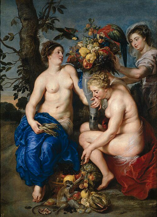 Three Nymphs with a Cornucopia / Tres ninfas con el cuerno de la abundancia, Autores Pedro Pablo Rubens; Frans Snyders, 1615 - 1617. Óleo sobre lienzo, 224,5 x 166 cm, Museo Nacional del Prado, 『豊穣の角を持つ三人のニンフ』　1615 - 1617年　ピーテル・パウル・ルーベンス、フランス・スナイデルス　プラド美術館蔵