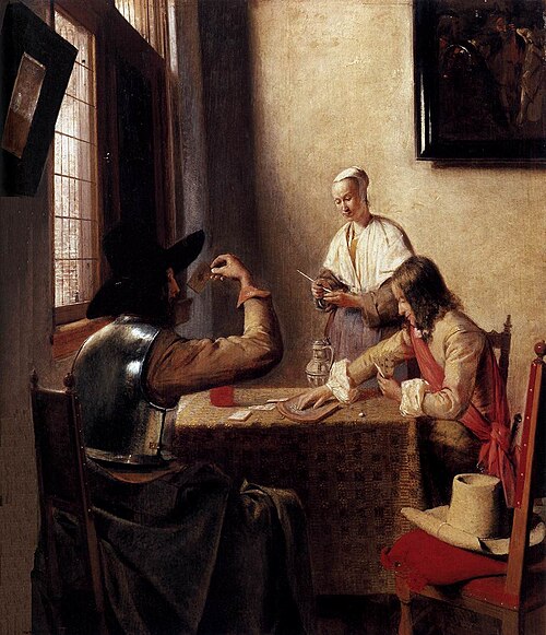 Soldiers Playing Cards, 1657 – 1658, Pieter de Hooch, Oil on panel, 50 x 45.5 cm, Private Collection, 《トランプ遊びをする人》　1657 – 1658年　ピーテル・デ・ホーホ　個人蔵