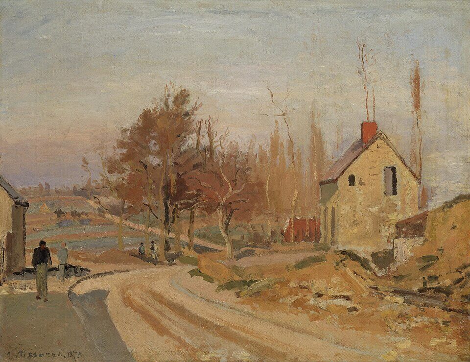 The Road to Osny at Pontoise, Hoar Frost, Camille Pissarro, 1873, Route d'Osny à Pontoise, gelée lanche, Oil on canvas, 50 x 65 cm, Given by the heirs of Emil Bührle to the Foundation E.G. Bührle Collection Zurich • 1960 Inv. 118., 《オズニーへ向かう道 ー 霜》　1873年　カミーユ・ピサロ　ビュールレ・コレクション蔵