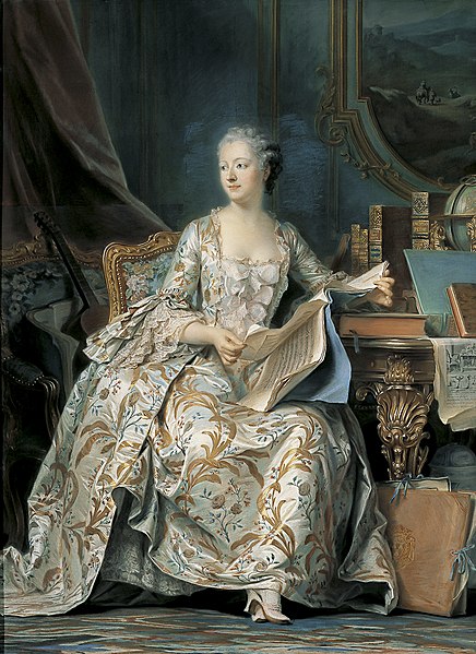 『ポンパドゥール侯爵夫人の全身像』　1749年から1755年の間　モーリス＝カンタン・ド・ラトゥール　ルーヴル美術館蔵