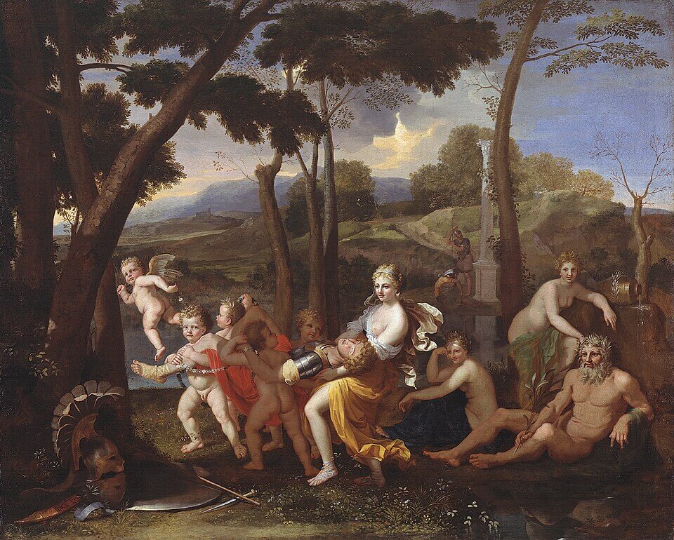 『リナルドとアルミーダ』Armida entführt den eingeschläferten Rinaldo　1637年　ニコラ・プッサン　絵画館（ベルリン）蔵