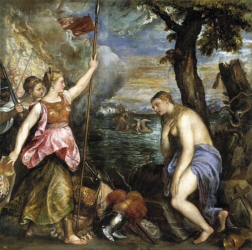 La Religión socorrida por España, Vecellio di Gregorio Tiziano, 1572 - 1575. Óleo sobre lienzo, 168 x 168 cm, Número de catálogo P000430, Museo Nacional del Prado,《スペインに救済される宗教》 1572 - 1575年 ティツィアーノ・ヴェチェッリオ プラド美術館蔵