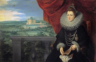 Portrait of Isabella, Infanta of Spain (1566-1633) with the castle of Mariemont in the background, La infanta Isabel Clara Eugenia, Pedro Pablo Rubens; Jan Brueghel el Viejo, Hacia 1615. Óleo sobre lienzo, 113 x 175,8 cm, Número de catálogo P001684, Museo Nacional del Prado, イサベル・クララ・エウヘニア・デ・アウストリア 1615年頃 ピーテル・パウル・ルーベンス、ヤン・ブリューゲル(父) プラド美術館蔵