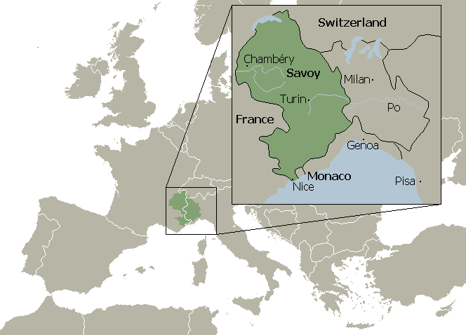 16世紀のサヴォイア公国。白線は現国境