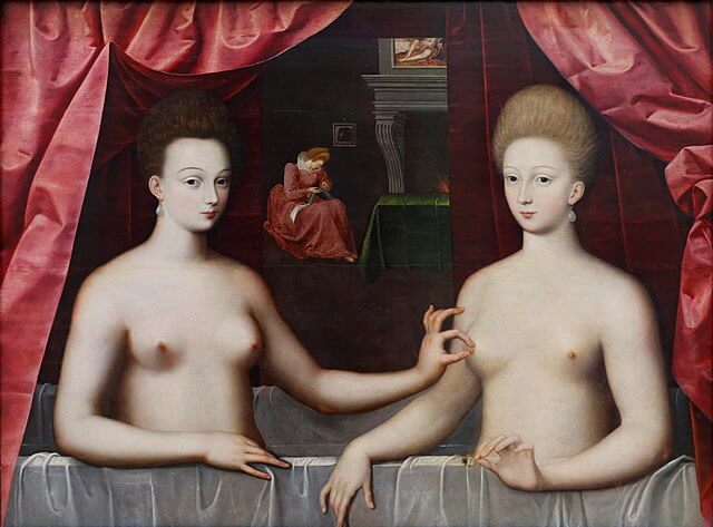 『ガブリエル・デストレとその姉妹』　フォンテーヌブロー派　16世紀末　ルーヴル美術館蔵