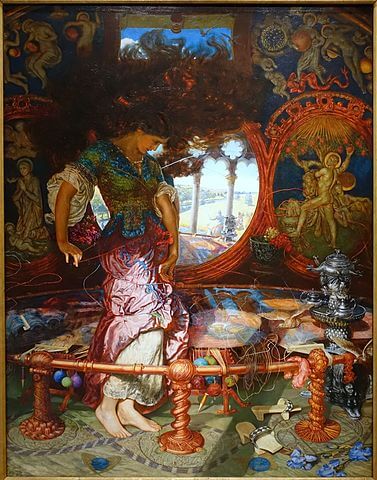 『シャロットの乙女』（ Lady of Shalott ）　1888年頃－1905年　ウィリアム・ホルマン・ハント with エドワード・ロバート・ヒューズ　ワズワース・アテネウム美術館蔵