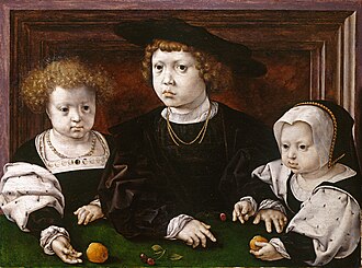The Children of Christian II, King of Denmark (1481-1559) 1526, Jan Gossaert (c. 1478-1532), Oil on oak panel | 34.2 x 46.2 cm (support, canvas/panel/stretcher external) | RCIN 405782, the Royal Collection, 『デンマーク王クリスチャン2世（1481年～1559年）の子どもたち』　1526年　ヤン・ホッサールト　ロイヤル・コレクション蔵