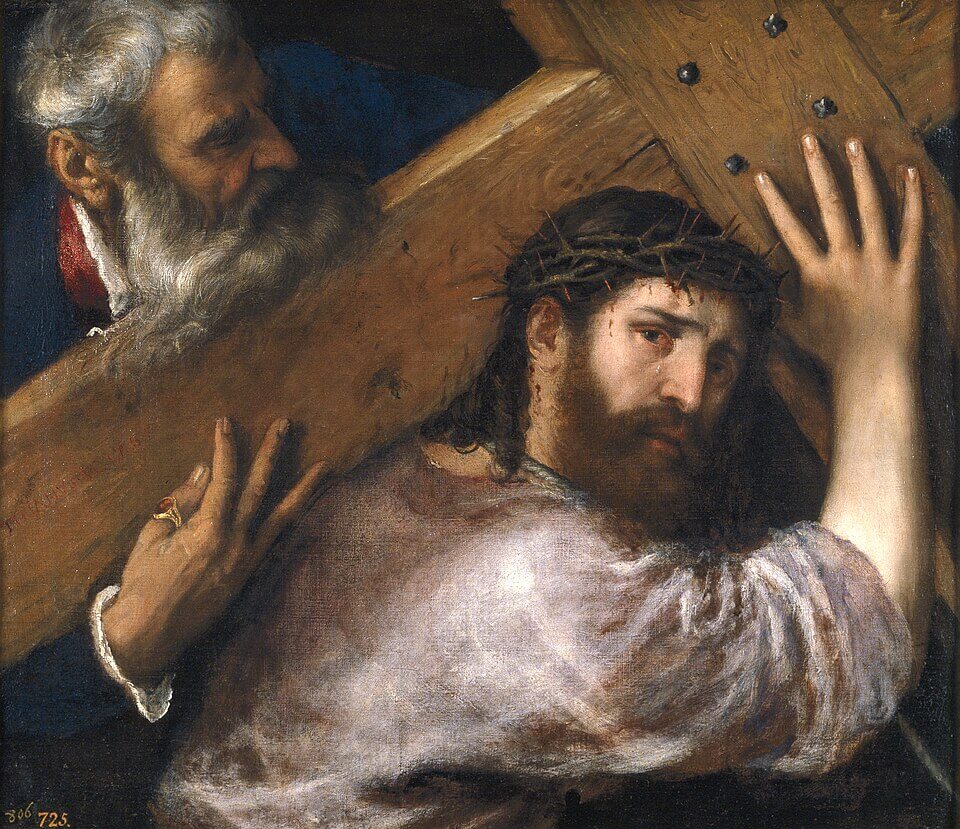 Cristo con la Cruz a cuestas, Vecellio di Gregorio Tiziano, Hacia 1565. Óleo sobre lienzo, 67 x 77 cm, Número de catálogo P000438, Museo Nacional del Prado,《十字架を担うキリスト》 1565年頃 ティツィアーノ・ヴェチェッリオ プラド美術館蔵