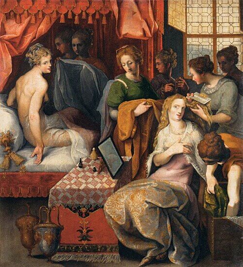 Hyante et Climène à leur toilette (Ronsard, La Franciade, troisième livre)., 1600 / 1625, Dubreuil, Toussaint, Le Sueur, Eustache, Atelier de; France Fontainebleau, École de, RF 994, Hauteur : 1,07 m ; Hauteur avec accessoire : 1,245 m ; Largeur : 0,97 m ; Largeur avec accessoire : 1,145 m, huile sur toile, Musée du Louvre, Département des Peintures, 『イアントとクリメーヌの化粧』（ロンサール『フランシアード』第三巻）　1600 - 1625年　トュッサン・デュブルイユ　ルーヴル美術館蔵