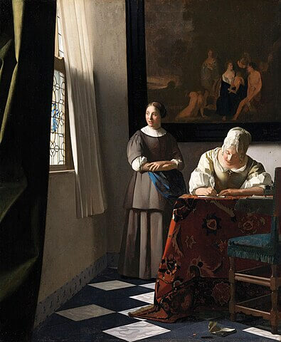 『手紙を書く女と召使い』　1670年頃　ヨハネス・フェルメール　アイルランド国立美術館蔵