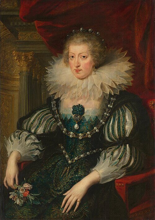 Portrait of Anne of Austria (1601-1666), Queen of France, workshop of Peter Paul Rubens, c. 1628, painting, Object number SK-C-296, support: height 104.8 cm x width 73.7 cm, outer size: depth 13 cm (support incl. frame), oil on panel, Portret van Anna van Oostenrijk (1601-1666), de echtgenote van Lodewijk XIII, koning van Frankrijk. Kniestuk, zittend op een stoel, in een jurk versierd met juwelen, een bosje bloemen in de rechterhand., Rijksmuseum Amsterdam,『アンヌ・ドートリッシュの肖像』　1628年頃　workshop of Peter Paul Rubens　アムステルダム国立美術館蔵
