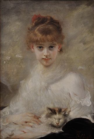 『少女と猫』（ Fillette avec un chat ）　1800年代　シャルル・シャプラン　ルーマニア国立美術館蔵