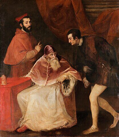 『パウロ3世と甥たち』（ Portrait of Pope Paul III with His Grandsons ）　1545年頃　ティツィアーノ・ヴェッチェリオ　カポディモンテ美術館蔵