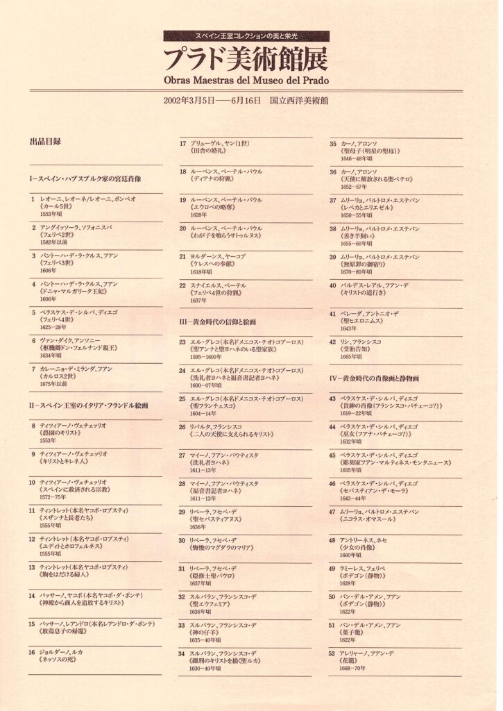 『プラド美術館展 スペイン王室コレクションの美と栄光』(2002年3月5日2 - 6月16日)出品目録